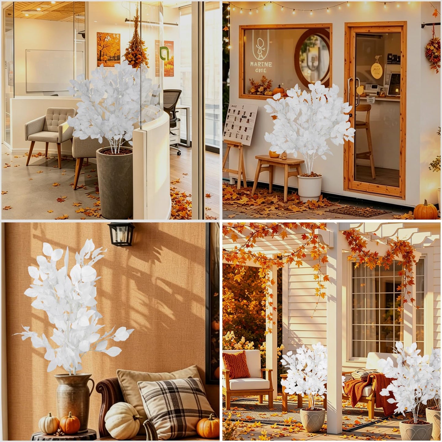 RECUTMS Artificial Fall Beech Leaf Stems 4Pcs 39Inch Fake Foliage Branches for Tall Vase Faux Autumn Leaves Long Greenery Stem for Thanksgiving Halloween Harvest Home Wedding Party Decor(White)