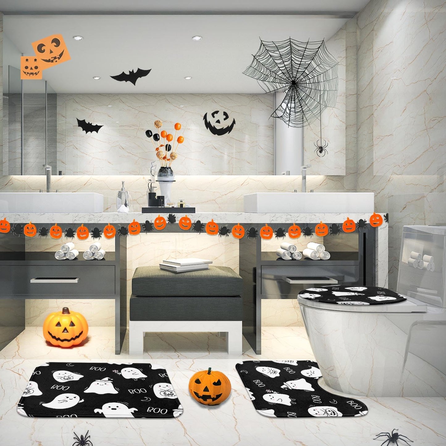 Britimes Halloween Cute Ghost Bathroom Rug Set of 3, 3 Pieces Bath Mats Set, Black Funny Horror No Silp Washable Cover Floor Rug Decorations for Kitchen Bathroom Bedroom
