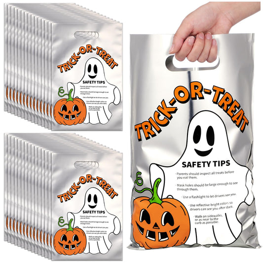 Hosuly 100 Pcs Trick or Treat Reflective Goodie Bags Bulk Halloween Plastic Gift Bags Safety Tips with Handles for Halloween Trick or Treat Themed Party Favors