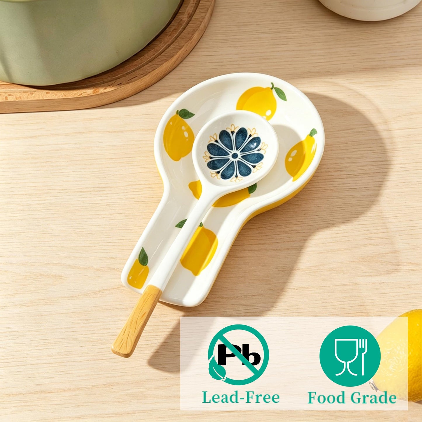 YumiPLUS Porcelain Fruit Spoon Rest, Ceramic Utensil Rest for Stove & Countertop, Cute Spoon Holder, Ideal Gift for Housewarming, Mother's Day and Valentine’s Day (lemon)
