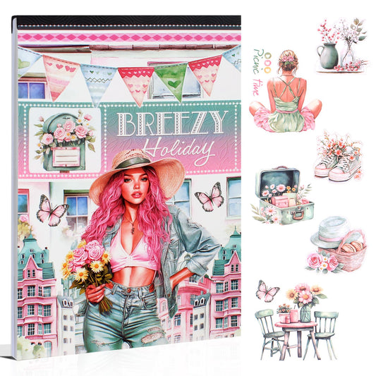 Dwpetzo Breezy Holiday Scenery Pre-Cut Journal Sticker Book for Women Journaling, Assorted Materials Paper PET Washi Stickers for Scrapbooking, Junk Journal Supplies, Planner, Collage, Crafts Arts
