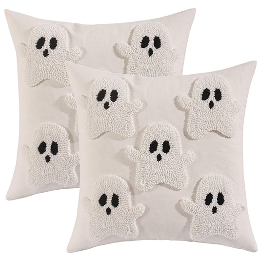 LUOYEHK Halloween Pillow Covers 18x18 Set of 2 Ghosts Decorative Throw Pillow Covers Holiday Canvas Embroidered Cushion Covers for Couch Sofa Bed Living Room