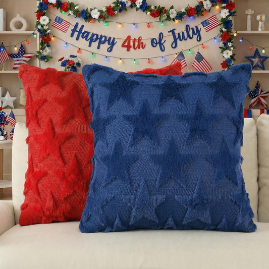 AVOIN colorlife 4th of July Stars Red and Blue Patriotic Throw Pillow Covers, 18 x 18 Inch Independence Memorial Day Soft Plush Faux Fur Jacquard Cushion Case Decoration for Sofa Couch Set of 2
