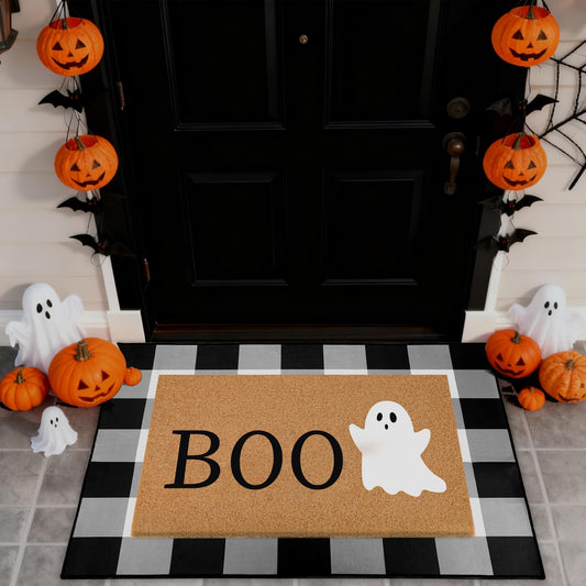 2 Pcs Halloween Door Mat Combo Set Boo Ghost Welcome Doormat for Front Doors 28 x 43in Non Slip Black and White Plaid Rug Front Porch Entryway Floor Mat for Indoor Outdoor Fronts Porch Entryway Decor