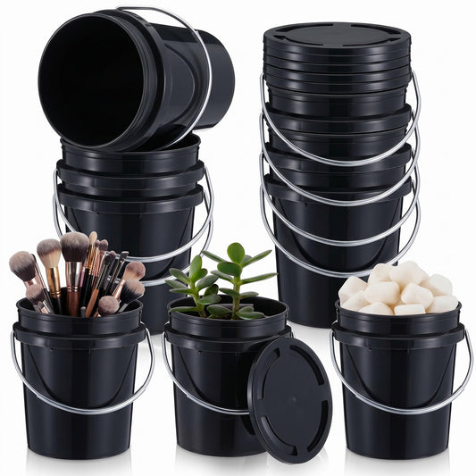 Hushee 6 Pcs Mini Plastic Buckets with Lids, 0.4 Quart Black Buckets for Party Gift Packaging, Candy Holders Easter Halloween Christmas Candy Treat Snacks Holder Birthday Baby Shower Party Supplies