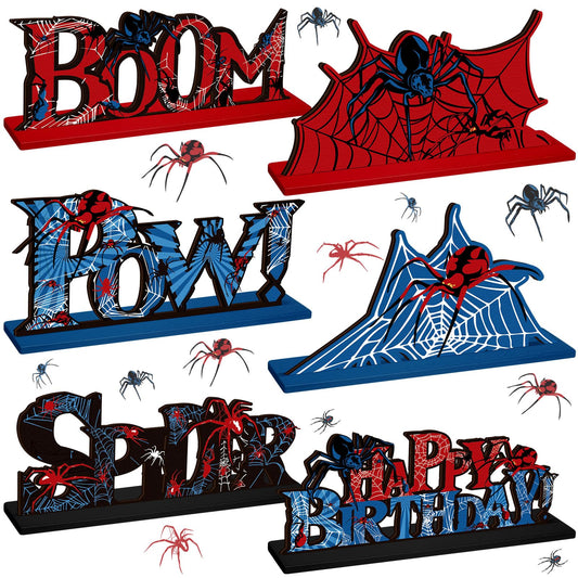 Yuntau 6 Pcs Spider Bithday Party Decoraions Spider Wooden Table Decorations Red and Blue Pattem Design Happy Birthday Table Centerpiece Sign for Boy Cartoon Party Supplies