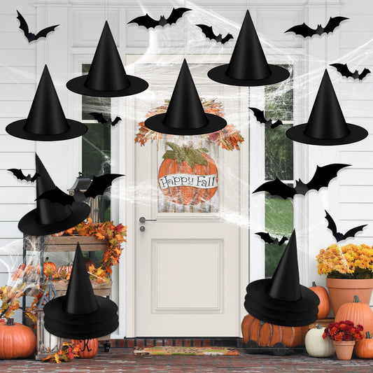 JMUQ 12 PCS Halloween Witch Hats,Hanging Witch Hats,With 3D Bats Stickers Witch Costume Accessory Decorations for Halloween Decorations Indoor Outdoor Yard Party Decorations