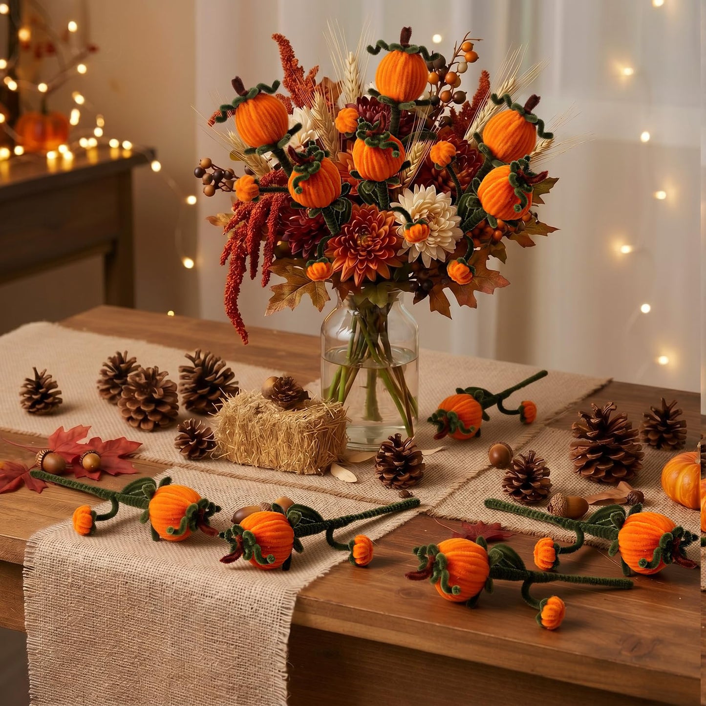 Wavyknot 12 Pcs Pipe Cleaners Fall Pumpkin Floral Picks 11.2'' Autumn Flower Branches Decorations Pumpkin Themed Table Centerpieces Decor for Harvest Halloween Thanksgiving Party Farmhouse Home Decor