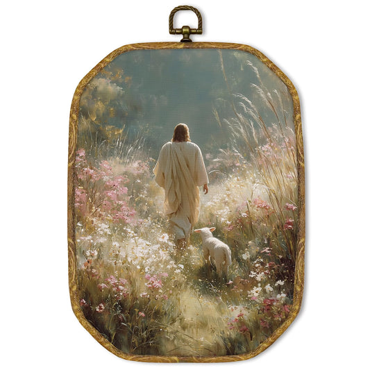 GUULIJEEMIY Christian Jesus and Lamb Canvas Wall Art Decor, Christian Jesus Leaves the 99 Sheep Octagon Framed Wall Art Prints, Easter Religious Hanging Decor for Prayer Room Bedroom, 10.2x7 Inch