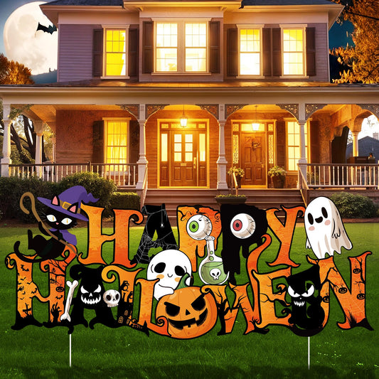 Happy Halloween Yard Signs - Large Colorful Letter Lawn Decorations With Corrugated Pumpkin, Ghost, Cat, Witch - Outdoor Decor With Stakes for Party, Garden, Outside Supplies