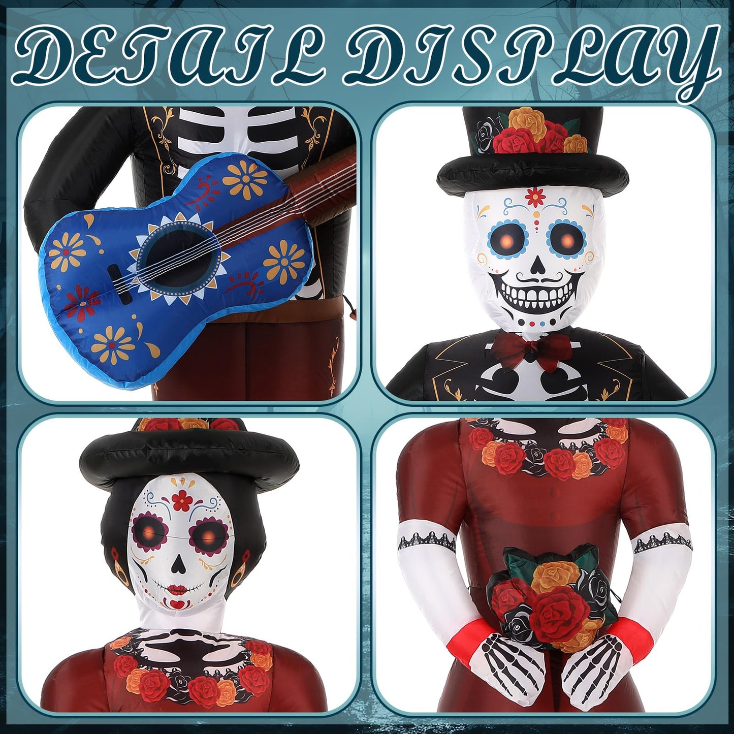 Fourluoo 2 Pcs 4.9 ft Dia De Los Muertos Inflatable Outdoor Decoration Day of The Dead Light up Blow up Sugar Skull Halloween Inflatable Couple Groom and Bride Yard Decoration for Garden Lawn Decor