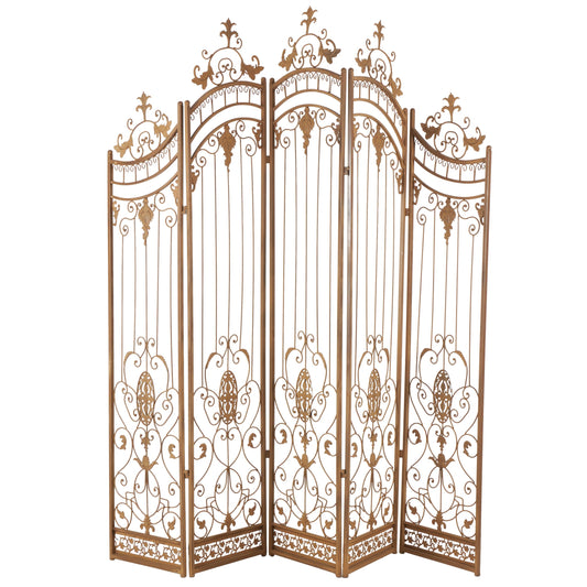 Deco 79 Metal Partition Room Divider Screen Hinged Foldable Arched Partition 5 Panel Privacy Screen with Relief Acanthus Design, Room Partition 80" x 1" x 80", Bronze