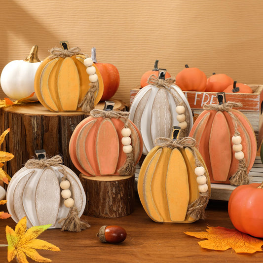 JarThenaAMCS 6 Pcs Fall Wooden Signs 3D Retro Pumpkin Wood Tabletop Signs with Hemp Rope Autumn Harvest Desktop Centerpiece for Thanksgiving Farmhouse Table Tiered Tray Home Kitchen Decor