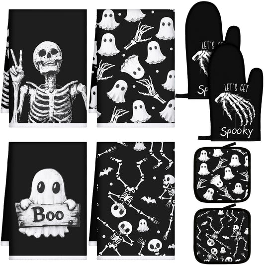 Leinuosen 8 Pcs Skull Kitchen Decor Set Kitchen Towels Gothic Oven Mitts and Pot Holders Skeleton Hand Dish Towels Horror Oven Mitts for Home Decoration Party Gifts (Vintage Color,Ghost)