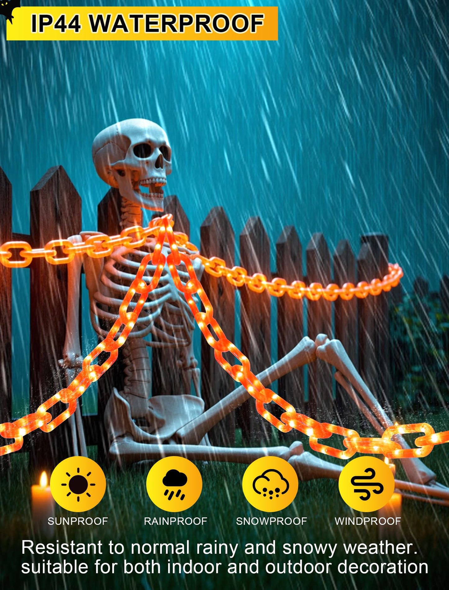 Solar Halloween Decoration String Lights,10.5 FT 175LED Orange Plastic Chain Light with Memory Timer,Waterproof Solar Halloween Light for Yard,Haunted House,Skeleton Dog, Porch,Costume,Spooky,Party