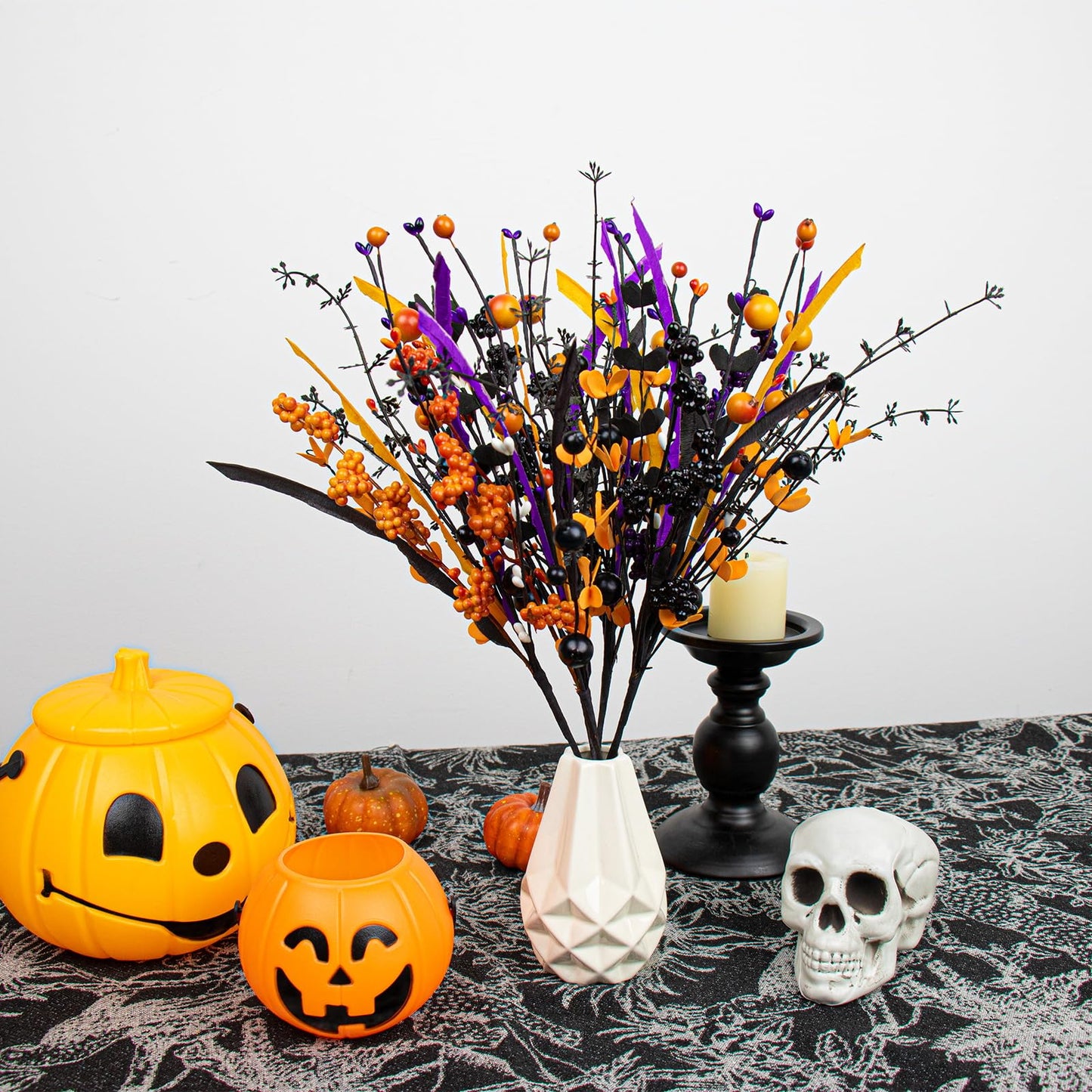 Yawwind 6 PCs Halloween Flowers Artificial 17 Inches Black Halloween Stems with Berry Branch Gothic Floral Picks for Vase Flower Arrangement Home Party Thanksgiving Harvest Decor