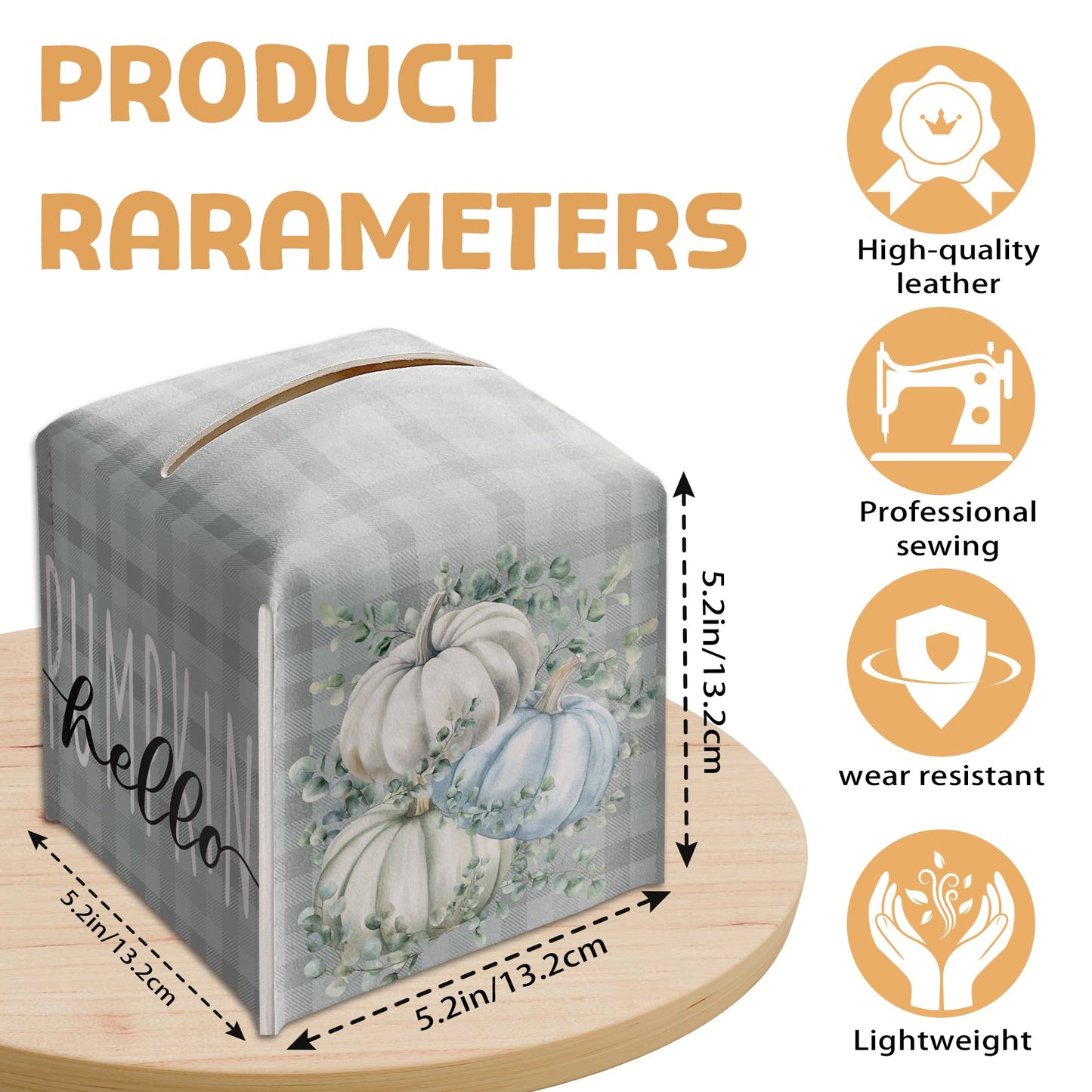 Pumpkin Tissue Box Holder, Eucalyptus Pumpkin Plaid Leather Tissue Box Cover Square, Harvest Facial Paper Organizer Dispenser Toilet Paper Holder for Bathroom Kitchen Office Home Decor-A28