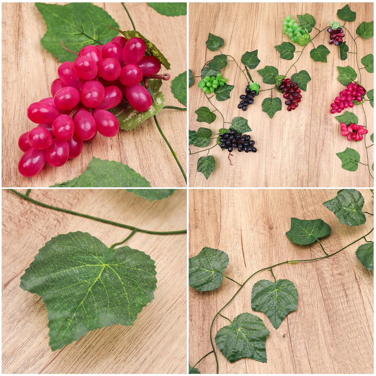 Quancru Artificial Grapes Leaves Vines 6 Strands & Fake Grape 8 Bunches Simulation Red Black Purple Green Fruit Photography for Indoor Outdoors Wedding Party Cabinet Garland Ornament Wall Decortion