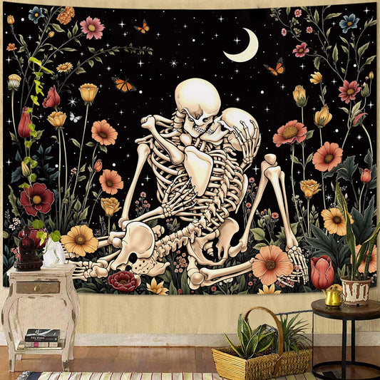Haibimen Skeleton Tapestry Wall Hanging Dark Romance Moon Stars Butterfly Floral Skull Gothic Tapestries for Bedroom Aesthetic Wallpaper Decor for Living Room, Dorm (Black 1, 60''×44'')