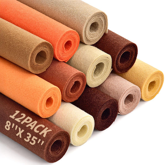 Felt Fabric 8"x35" for Crafts, 12 Rolls Large Felt Sheets Bundle Fall Halloween Colors Stiff 12 Assorted Colors Felt for DIY Crafts & Sewing Party Nonwoven Patchwork, Arts Decoration Projects (Brown)