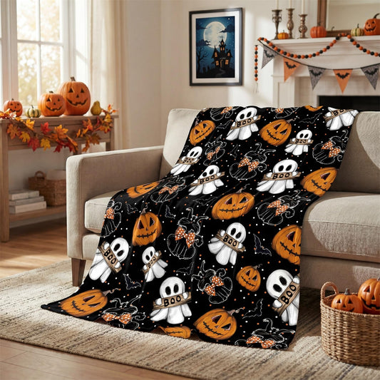 Horaldaily Halloween Flannel Blanket Throw, Jack-O-Lantern Ghost Cat Dots Soft Fuzzy Plush Cozy Fleece Blankets for Couch Sofa Bed Lounging, Ideal Gifts for Kids Adults Wife Self, 50x60