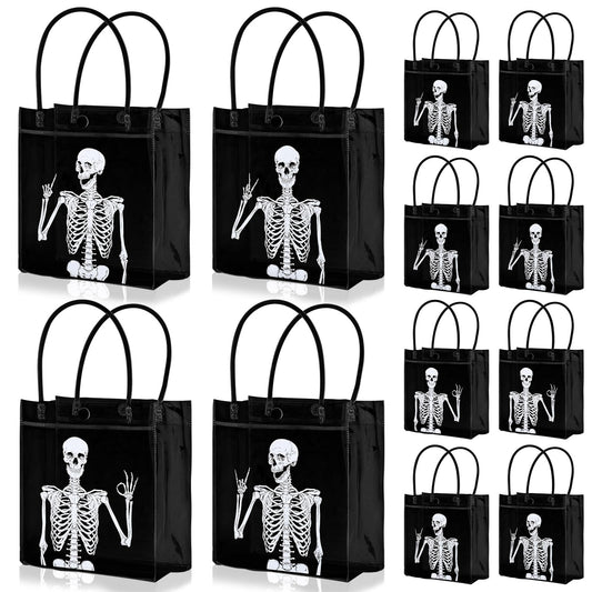 Whaline 12 Pcs Halloween Skeleton PVC Gift Bags Black White Skeleton Party Favor Bags with Handles Day of the Dead Reusable Clear Treat Tote Bag for Trick or Treat Holiday Birthday Party Supplies