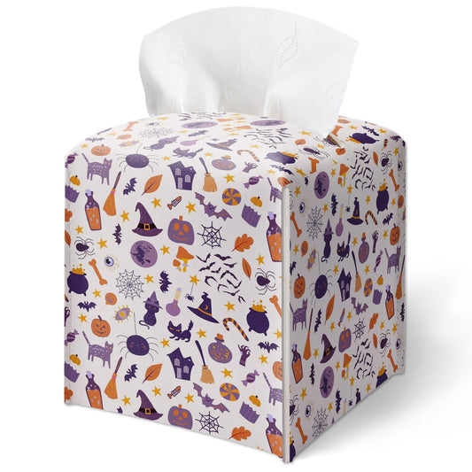 Halloween Tissue Box Cover, Pumpkins & Bats Tissue Box Cover Spiders Web Witch Hat Pattern, Aesthetic Home Desktop Decor for Kitchen Living Room Bathroom Vanity Office, Gift for Women & Friend-A20