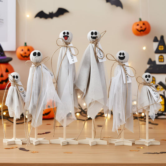 AceOrbit 6 Pcs Halloween Primitive Ghost Table Decor, Rustic Ghost Wooden Stand Sign Boho Farmhouse Wood Spooky Table Centerpieces for Halloween Office Indoor Party Decoration Supplies (Mixed Style)