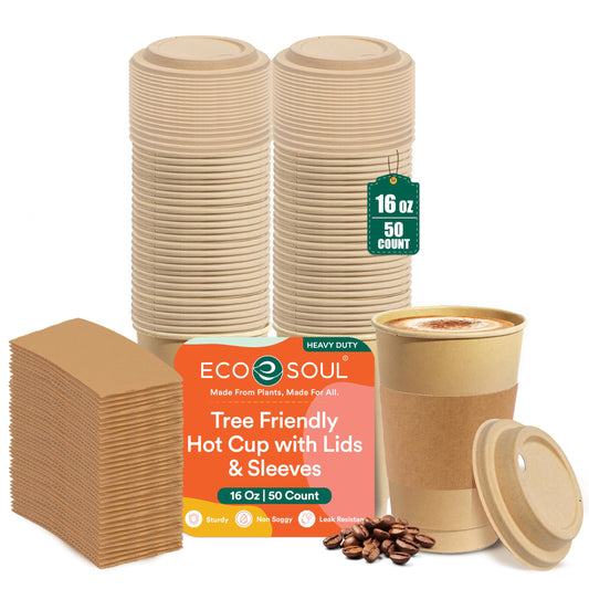 ECO SOUL 50 Pack 16 oz Disposable Coffee Cups with Lids & Sleeves Eco-Friendly, Biodegradable, Compostable, Leak-free & Sturdy To Go Hot Drink Cup for Tea, Chocolate Party Travel Cafe Office & Home