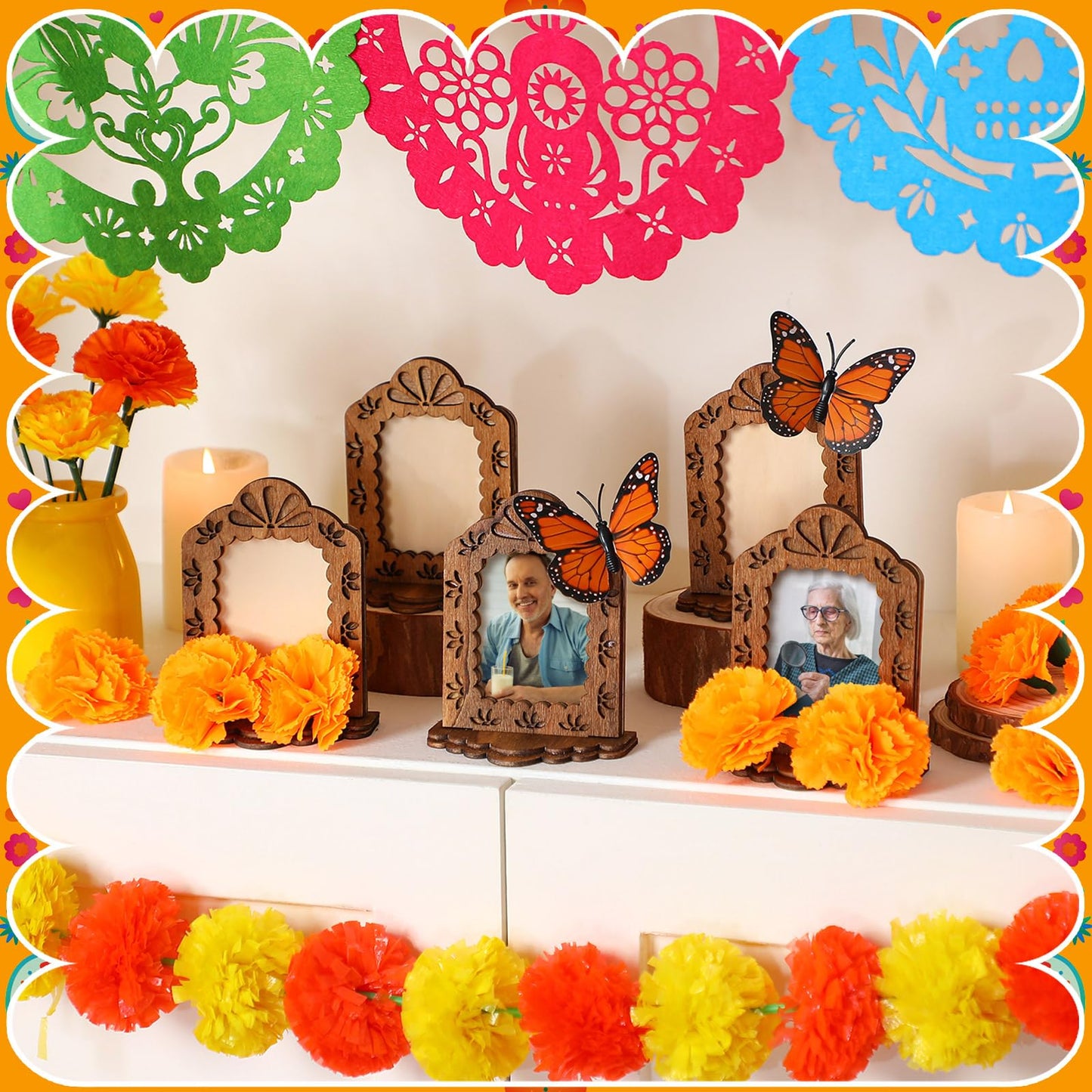 Thyle 60 Pcs Dia De Los Muertos Decorations Picture Frames Kits Day of The Dead Ofrenda Altar with 10 Wooden Photo Frames 30 Artificial Marigold Flower 20 Butterfly for Day of The Dead Decoration