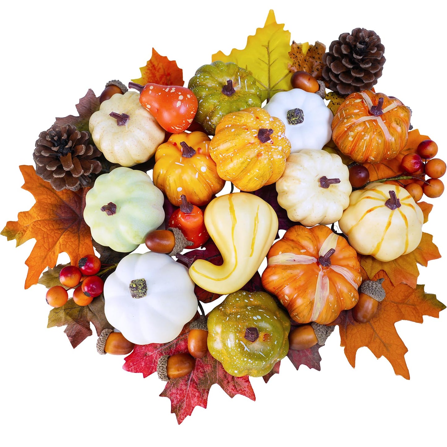 Winlyn 46 Pcs Assorted Small Artificial Pumpkins and Gourds with Acorns Pinecones Maple Leaves Fall Harvest Decor Set for Autumn Party Table Centerpiece Thanksgiving Halloween Wreaths Vase Bowl Filler