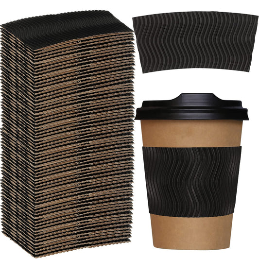 Patelai 100 Pcs Black Disposable Coffee Cup Sleeves for Hot Drinks Wavy Pattern Paper Corrugated Cup Sleeves for Heat Insulation Fits 12, 16, 20, 22, 24 oz Cold Bulk Jacket Holder