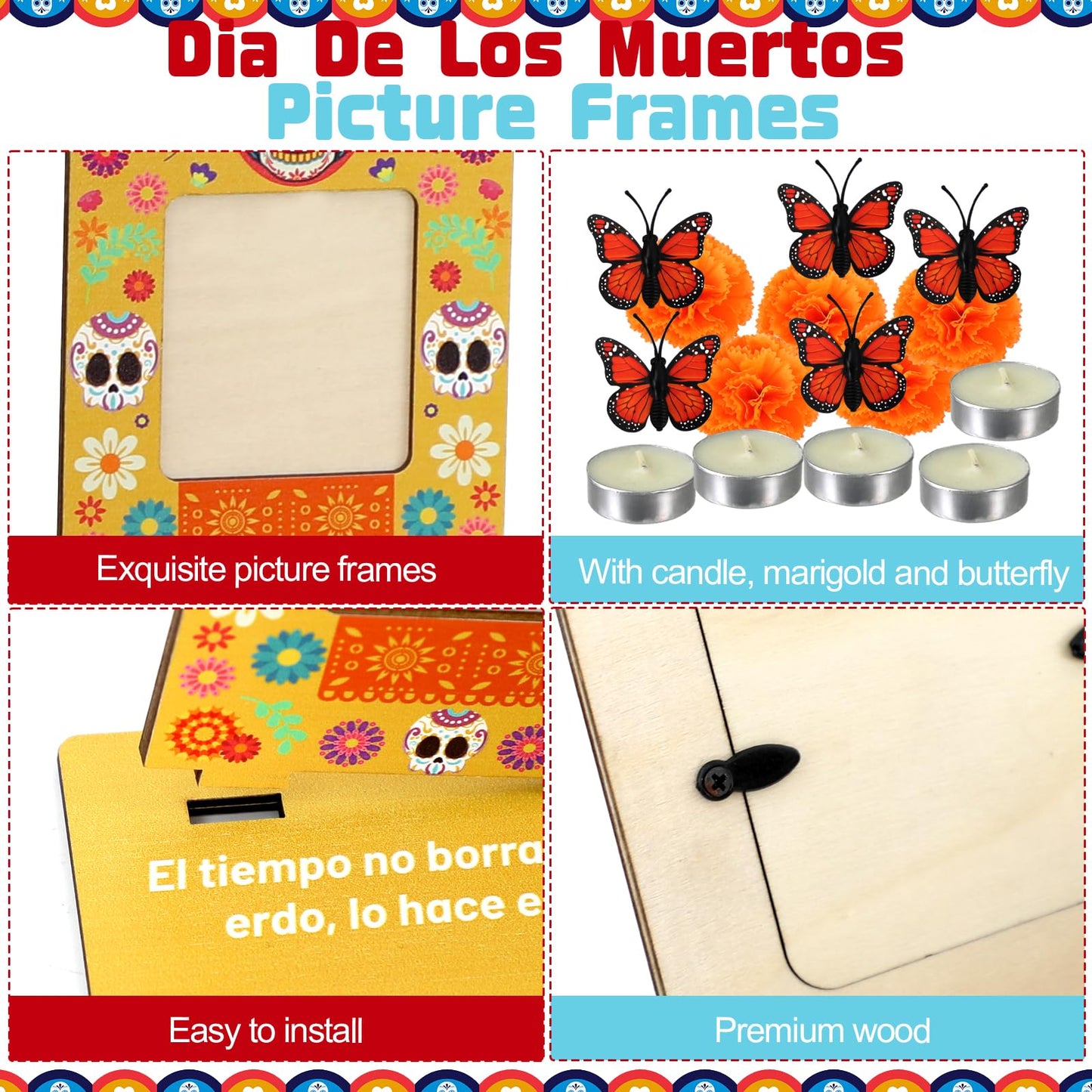 Dia De Los Muertos Decorations Picture Frames, Day of the Dead Altar with Candle, Marigold, Artificial Monarch Butterfly, Dia De Los Muertos Altar Kit Mini Sugar Skull Style Ofrenda Decorations