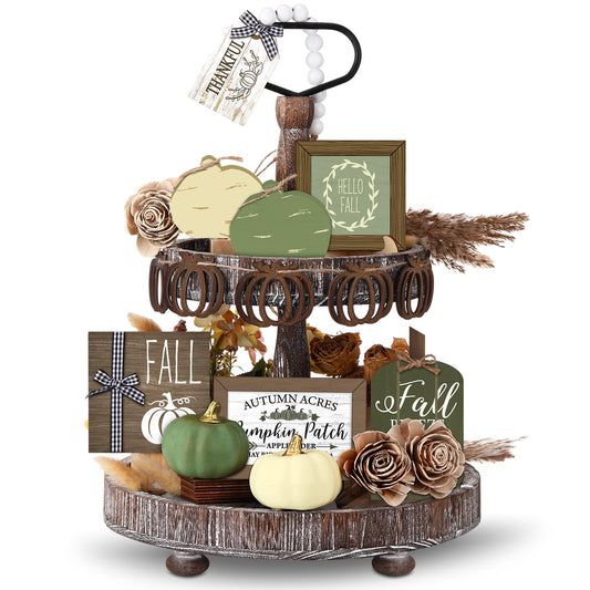 Reallnaive 18 Pcs Fall Thanksgiving Tiered Tray Decor Set Pumpkin Buffalo Plaid Wood Sign Hello Fall Rustic Farmhouse Neutral Tray Decoration Tabletop Sign for Autumn Home Kitchen Festival(Sage Green)