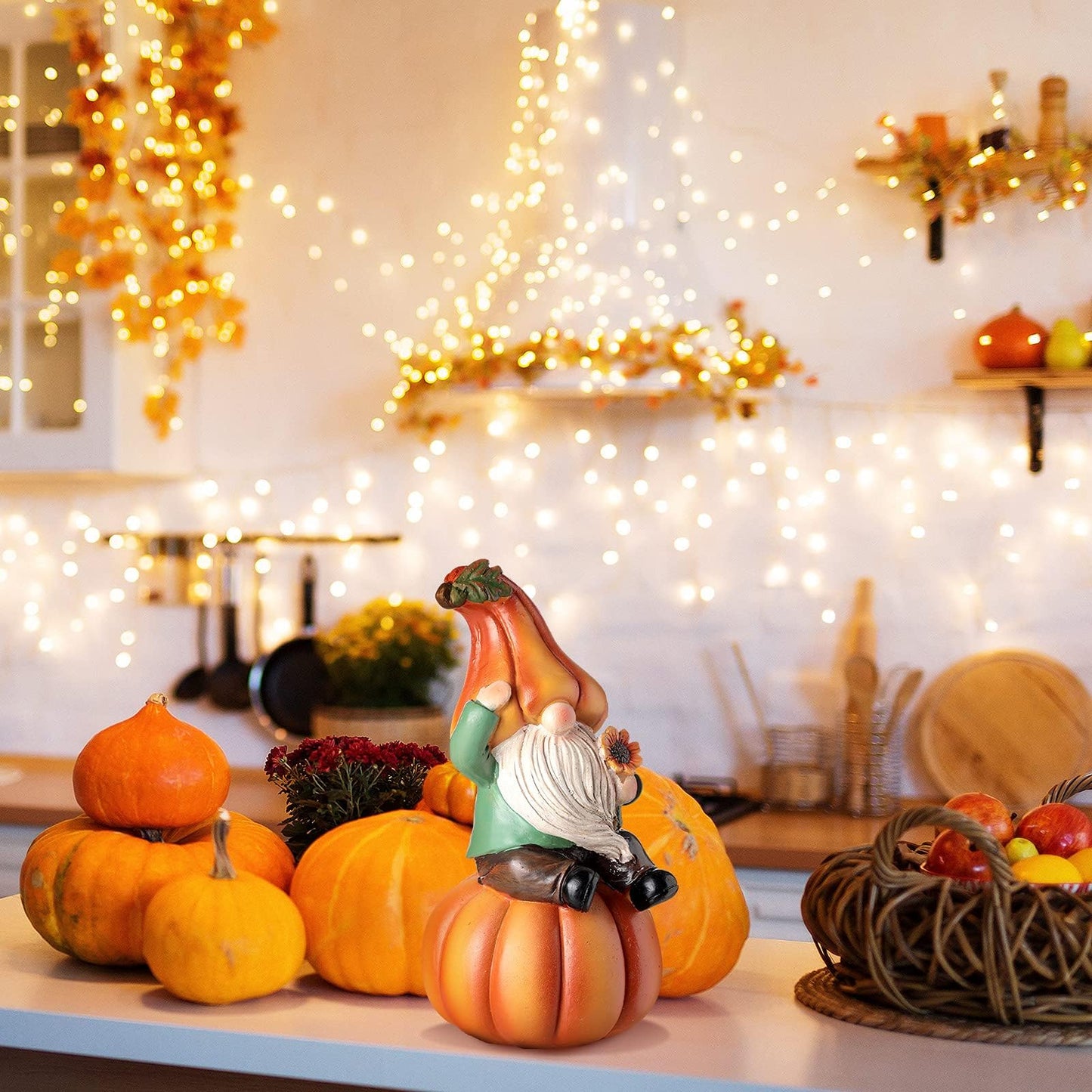 Jetec Fall Thanksgiving Gnome Statue Pumpkin Gnome Decoration White Beard Figurine Autumn Resin Dwarf Elf Statue for Porch Garden Outdoor Yard Fall Thanksgiving Decorations, 6.7 Inch Tall(Cute)