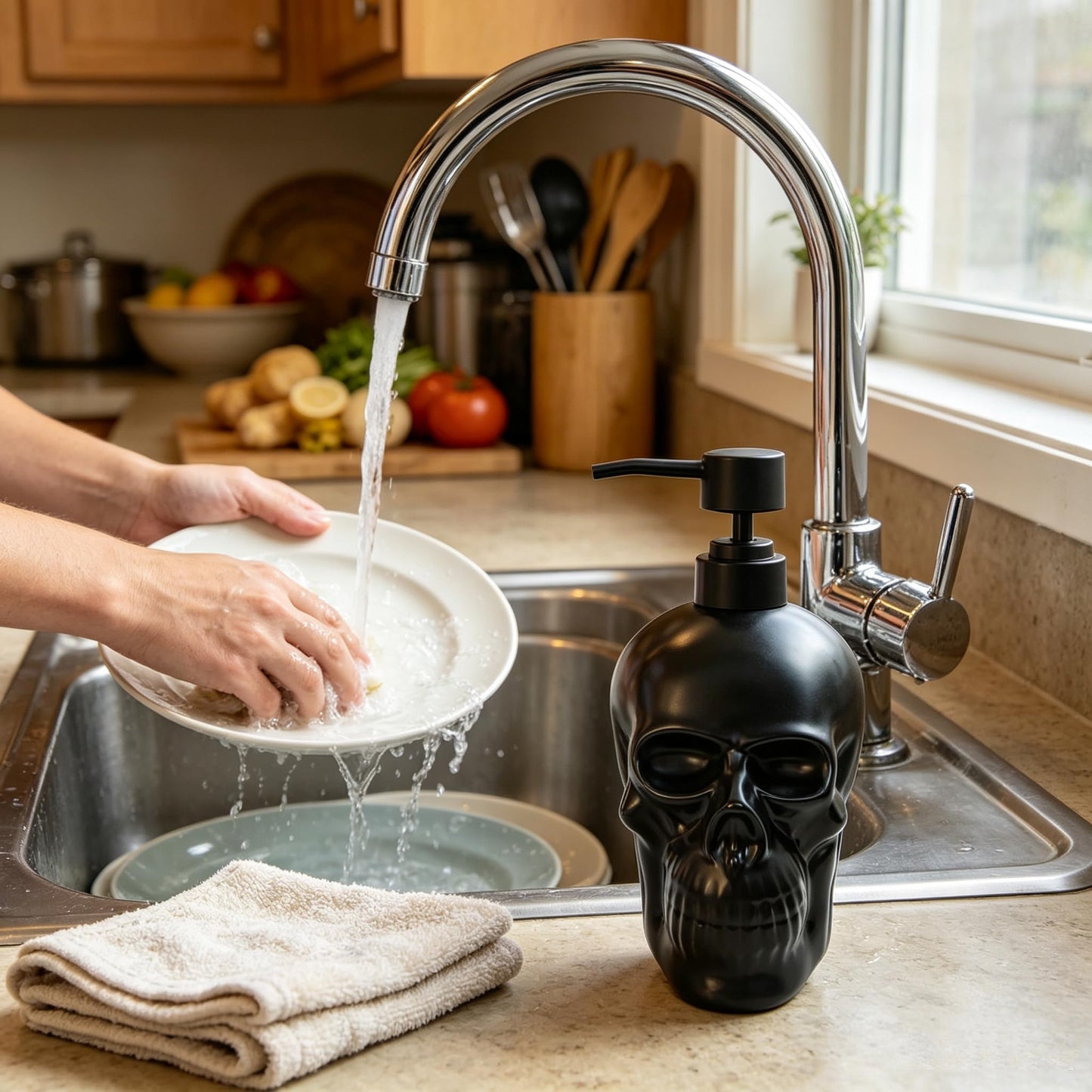 Caahanjia Ceramic Skull Soap Dispenser, Refillable Halloween Liquid Hand Soap Dispenser for Bathroom and Kitchen, Halloween Skull - Black