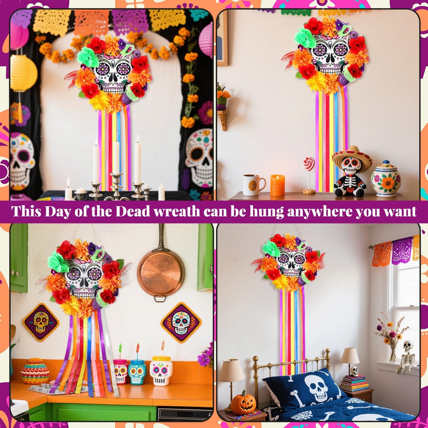 Cinnvoice Day of The Dead Wreath for Front Door Wooden Sugar Skull Marigold Door Wreath Decor Dia De Los Muertos Welcome Sign Hanging for Halloween Mexican Home Wall Porch Window