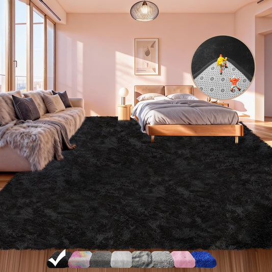 Black Shaggy Area Rug for Living Room Bedroom, Ultra Soft Fluffy Fuzzy Furry Rugs 4x6 ft, Upgrade Non-Slip Plush Shag Bedside Rug, Indoor Floor Carpet for Kids Girls Boys, Dorms, Nursery, Home Decor