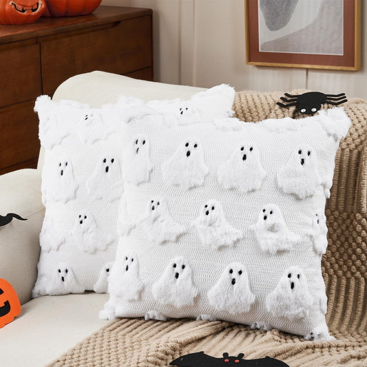 Emvency Halloween Throw Pillow Covers 18x18 Set of 2, Spooky Ghost White Decorations Pillow Cases Soft Plush Faux Fur Wool Couch Cushion Case for Couch Bed Sofa Living Room Home Decor
