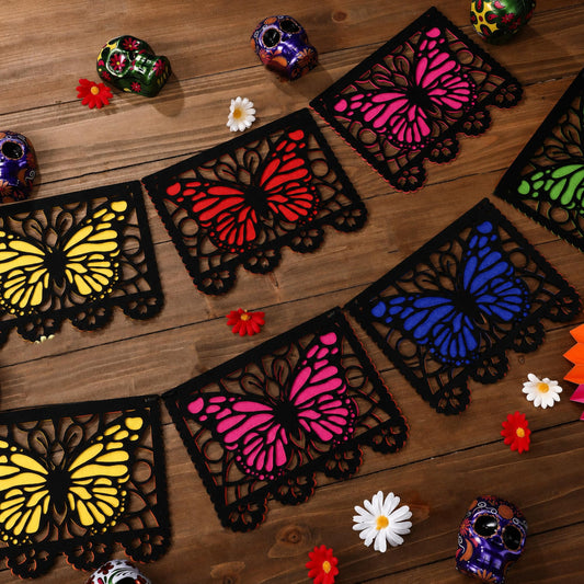 Janinka 92 Pcs Dia De Los Muertos Banner Felt Mexican Monarch Butterfly Banners Fiesta Picado Hanging Flag Day of The Dead Decorations for Ofrenda Supplies Halloween Mexican Party Favor(Multicolor)