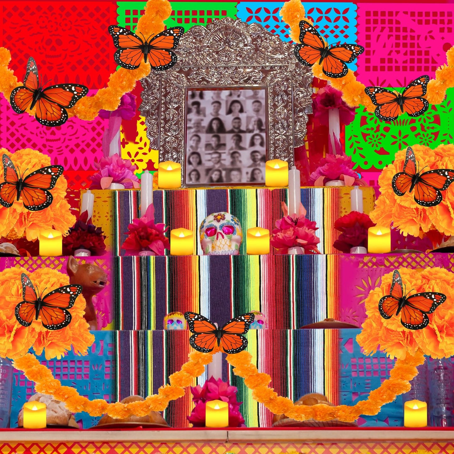 Liliful 44 Pcs Day of the Dead Decorations Set Artificial Marigold Flowers Mexican Party Banners Flameless Votive Candles Dia De Los Muertos Table Runners for Wedding Festival Fiesta Halloween Decor