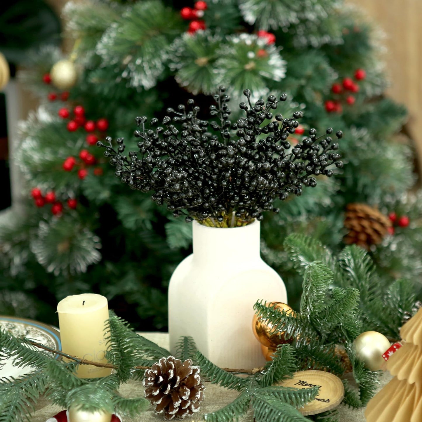 efivs arts Artificial Black Berry, 8 Pack Holly Christmas Berries Stems for Christmas Tree Crafts, New Year's Decorations, Holiday and Home Decor (Black)