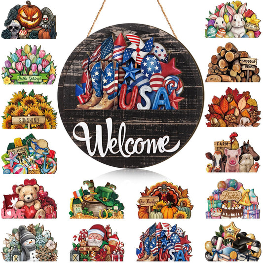 Yousoontic 17 Pcs 12 Inch Interchangeable Welcome Sign for Front Door Wood Seasonal Magnetic Icon Holiday Wreath Decor Rustic Hanging Sign for Patriotic Home Warming Gift(Stylish Color,Modern Welcome)