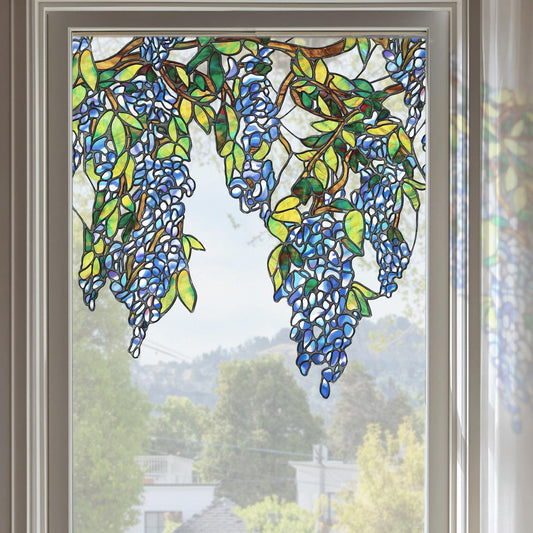 ChicSkin Original Hand Drawn Wisteria Stained Glass Window Border Film, Transparent Static Cling for Glass Window Decor, Watercolor Hanging Plants Blue Wisteria Sticker 16.93"X67.72"