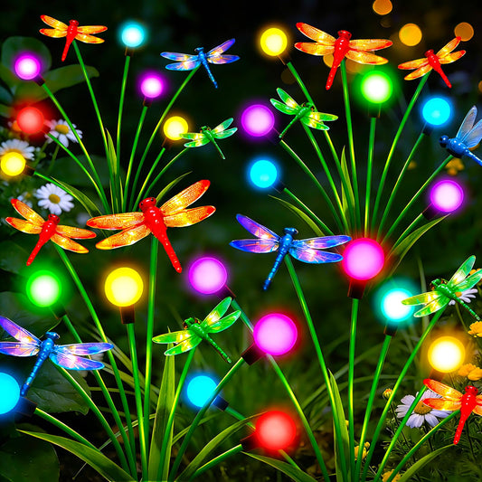 Solar Lights Outdoor Waterproof, 4 Pack Multicolor Solar Firefly Swaying Lights with 16 Pcs 3D Dragonflies, Realistic Dragonfly Garden Decor for Outside Yard Patio Pathway, Gifts for Women Mom