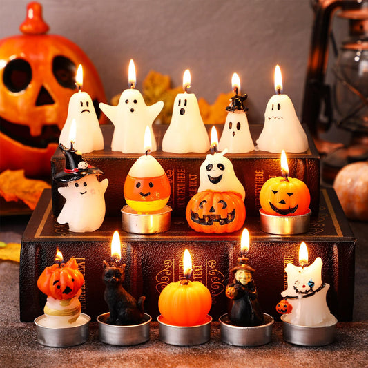 Conelist 14 Pcs Halloween Ghost Candles, Autumn Room Tabletop Decor Cute Wax Mini Spooky, Witch, Pumpkin Candles for Halloween Fall Themed Party Favor Supplies
