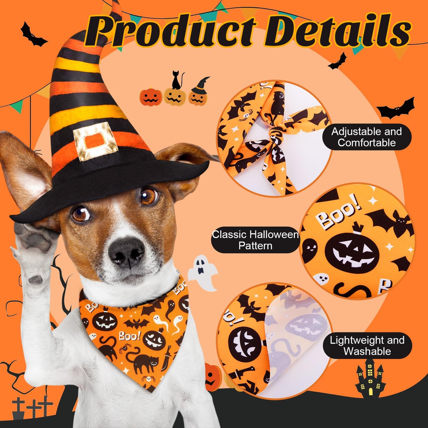 Sanwuta 100 Pcs Halloween Dog Bandanas Bulk and Collar Bow Ties Set 50 Bandanas 50 Charm Dog Collar Pet Ghost Pumpkin Spider Bones Triangle Pet Scarf Bowtie for Small Medium Large Costume