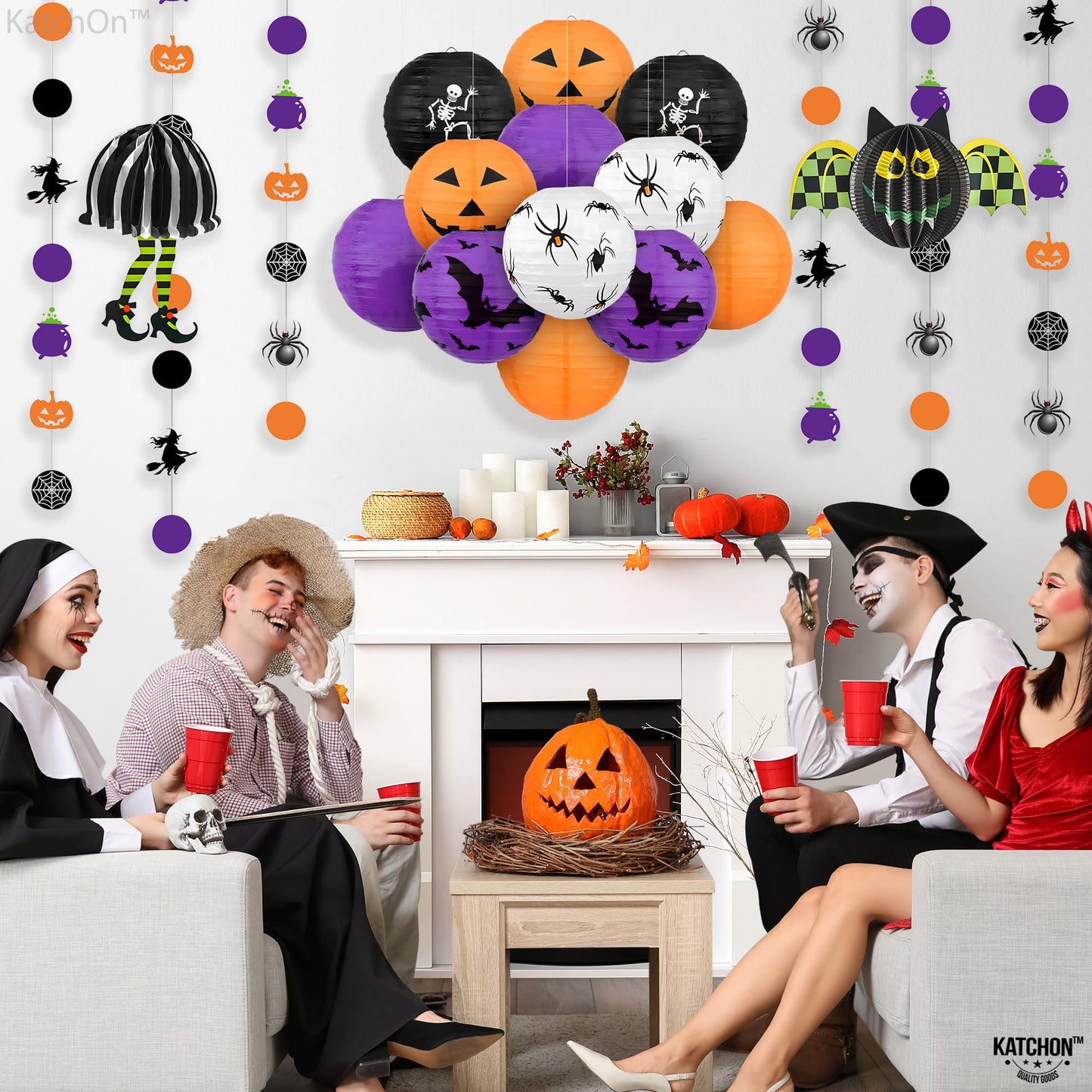 KatchOn, Halloween Hanging Paper Lanterns Set - Pack of 15 | Halloween Paper Lanterns, Halloween Honeycomb Decorations for Halloween Decorations | Halloween Garland for Halloween Party Decorations