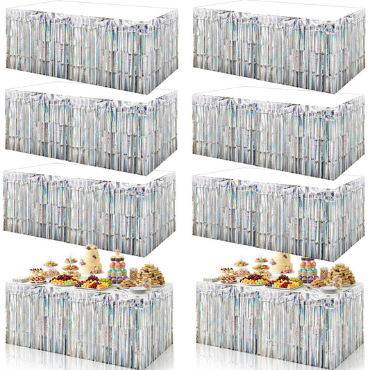 Yopay 8 Pack Iridescent Fringe Table Skirt, 108" X 29" Silver Tassle Banner for Mardi Gras, Bridal Shower, Wedding, Self-adhesive Disposable Table Cover Party Decoration