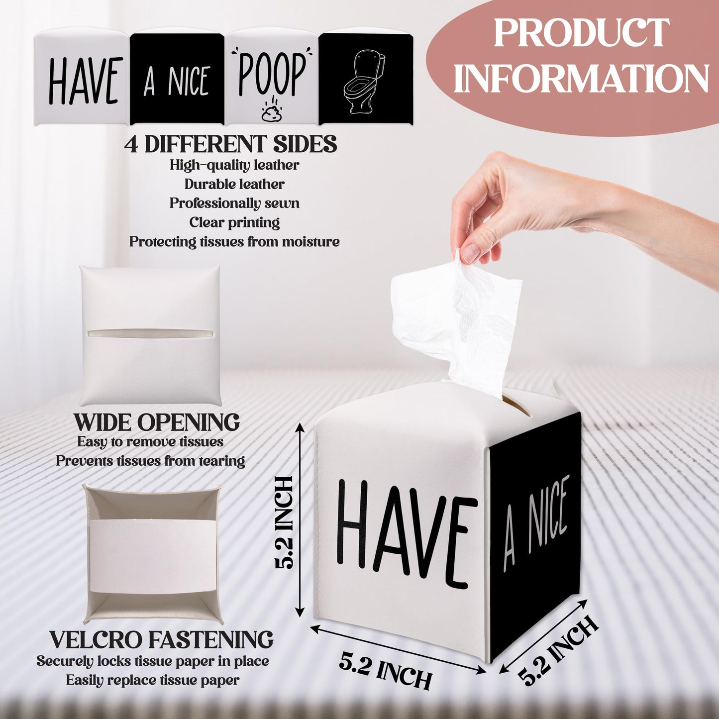 Have A Nice Poop Tissue Box Cover, Funny Bathroom Decor, Square Decorative Tissue Box Holder with Bottom Belt, for Women Men, Leather Toilet Paper Cover for Tabletop Bathroom-A06